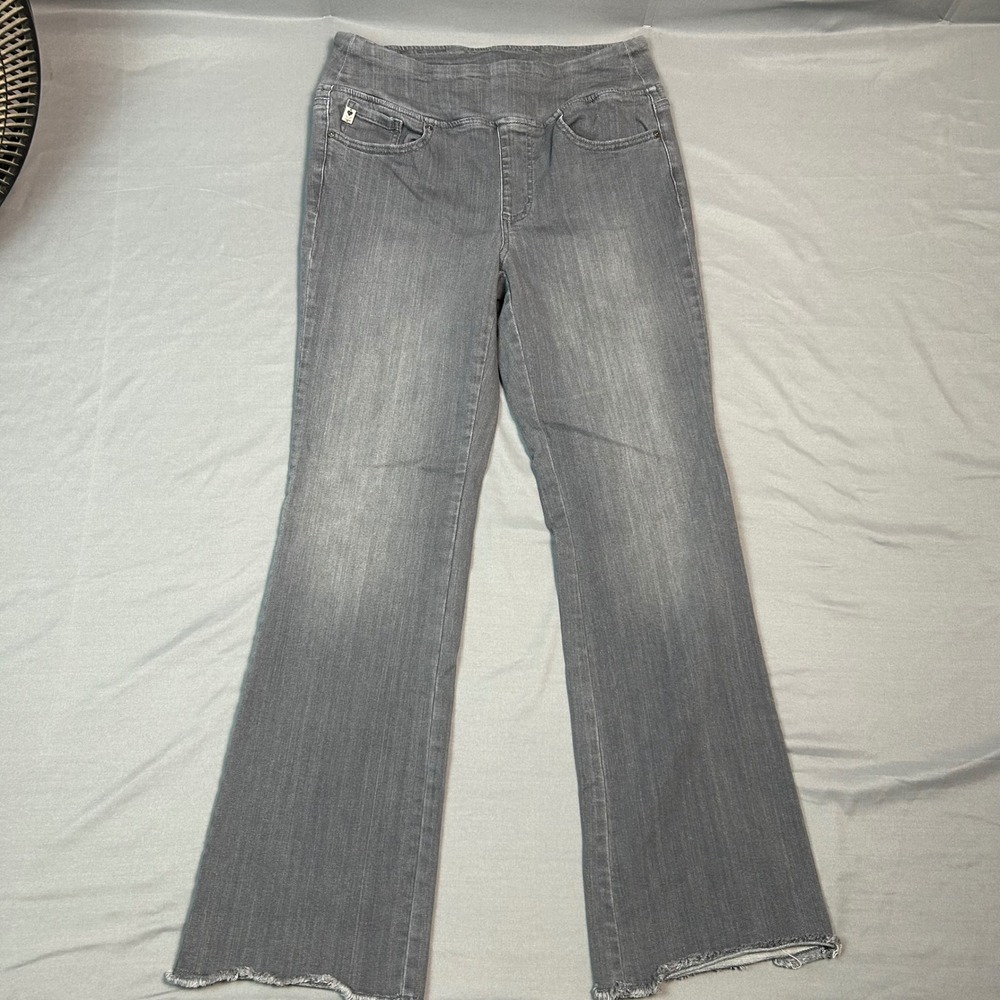 Belle by Kim Gravel TripleLuxe Womens Jeans Size 12 Gray Pull On Bootcut Raw Hem